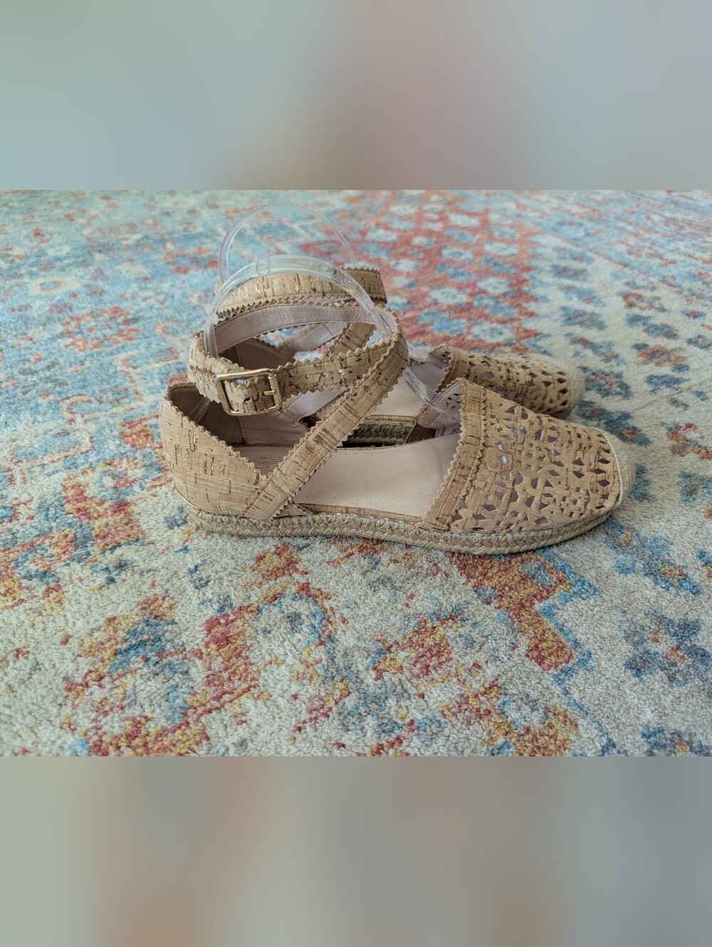 Stuart Weitzman Womens 9.5 M Ozarks Gold Fleck Cork Espadrille Flats Ankle Strap